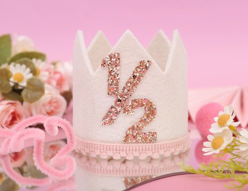 Jissoo White 1/2 Birthday Crown - 6 Months Birthday Decorations,Little Princess Crown For Cake Smash,Sweet Half Hat Photo Props,Light Pink 1/2 Way To One Decoration (White)