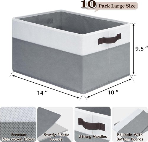 Criusia Large Multi-Purpose Storage Baskets - 10 Pack Fabric Organizers with Handles | Grey Collapsible (14"x10"x9.5")