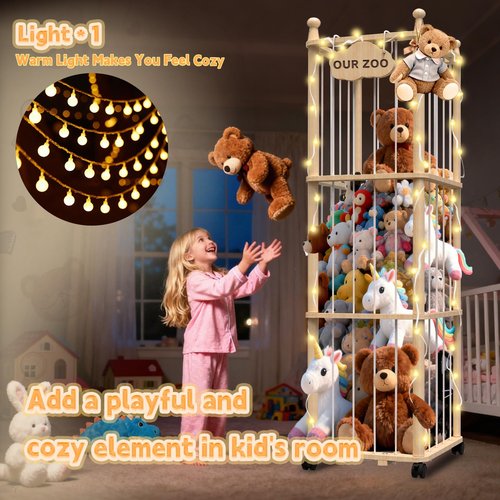 YACONA Stuffed Animal Storage, Wooden Stuffed Animal Holder with Brake Wheels, Toy Plushies Storage with Elastic Bands, Extra Large Toy Organizer & Display Cage for Nursery, Bedroom, Playroom