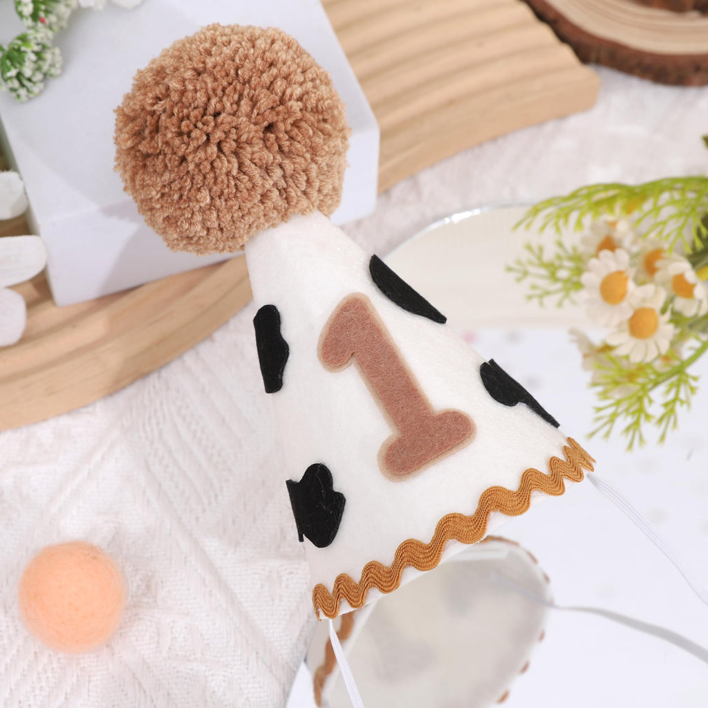 MAMUXI Cow Print 1st Birthday Hat - Cowboy One Birthday Decorations, My First Rodeo Party Cone Hat, Little Cowboy Smash Cake Photo Props, Western Farm Cow Party Cap (Cowboy Birthday Hat)