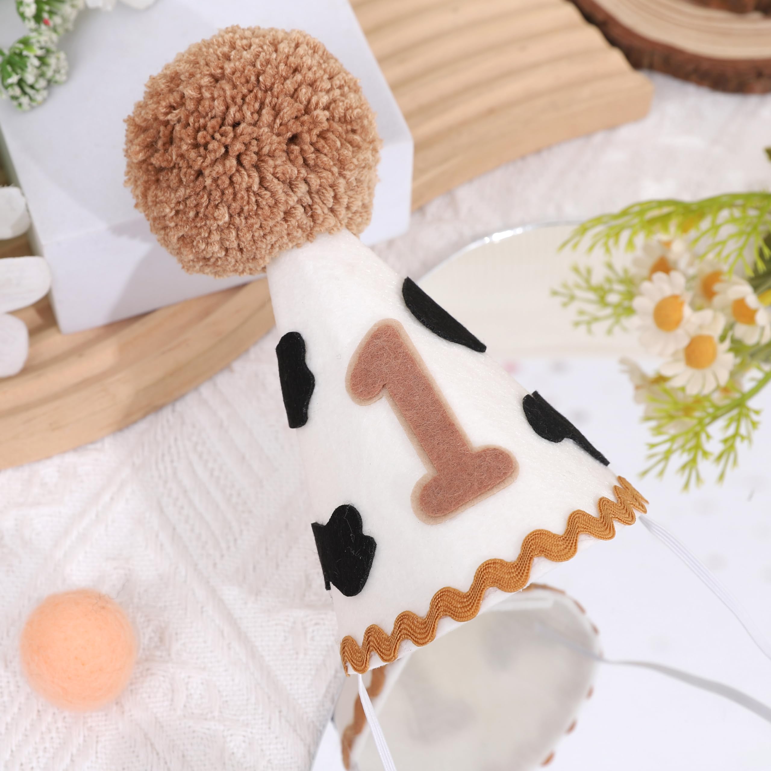 MAMUXI Cow Print 1st Birthday Hat - Cowboy One Birthday Decorations, My First Rodeo Party Cone Hat, Little Cowboy Smash Cake Photo Props, Western Farm Cow Party Cap (Cowboy Birthday Hat)