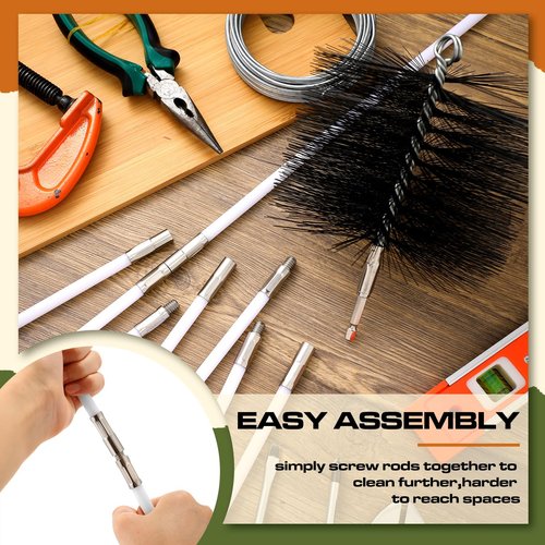 Teenyyou Wire Chimney Cleaning Brush with 1/4 Npt Fitting and 12 Rods, 6 Inch Round Steel Chimney Cleaning Brush and 16 Inch Fiberglass Rods for Hearth Fireplace(All-in-one)