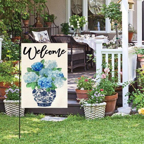 AVOIN Colorlife Garden Flag - Spring Hydrangea Floral Design | Double-Sided 12x18 Inch, Blue & White
