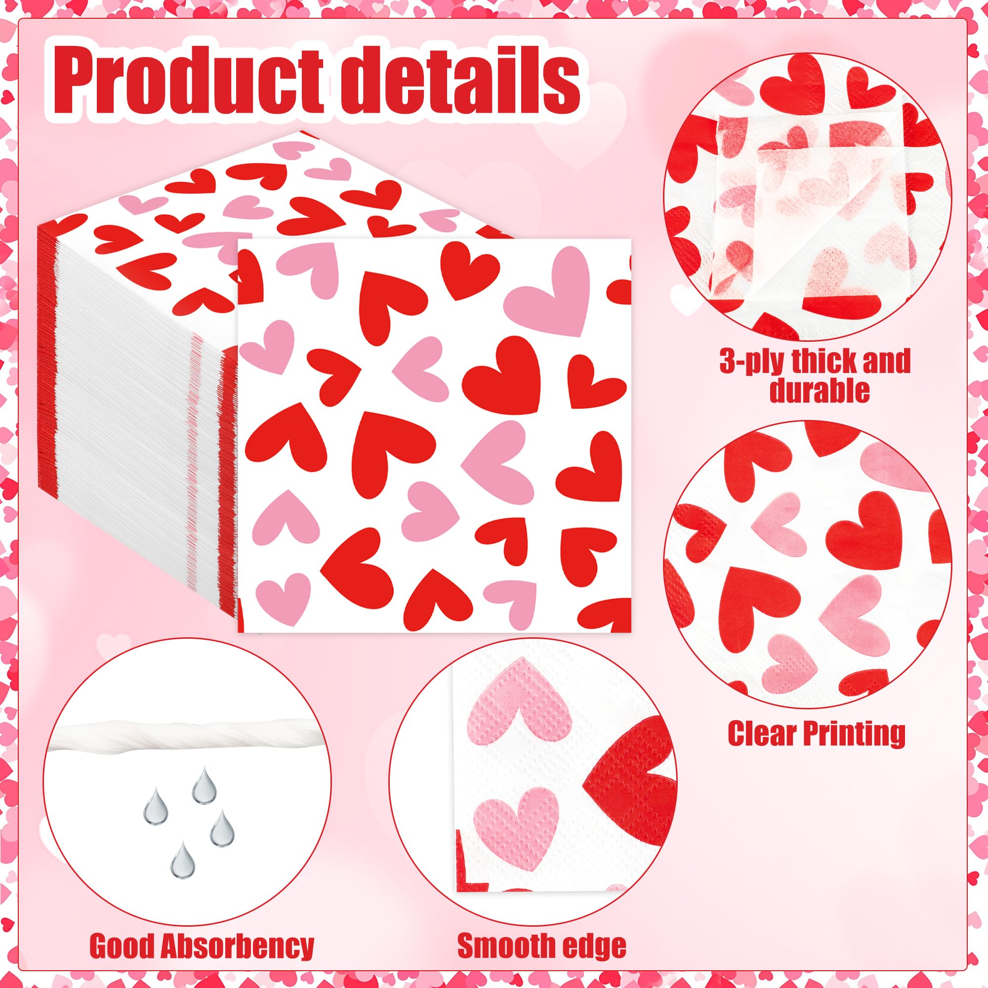 100 PCS Valentines Day Cocktail Napkins 5'' x 5'' Love Heart Disposable Paper Napkins 3 Ply Red Pink Heart Beverage Napkin for Valentines Wedding Anniversary Birthday Party Supplies Dinner Table Decor