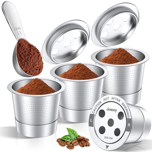 CAPMESSO Reusable K Cups for Keurig: 2026 Updated All Stainless Steel Coffee Pods with 5 Holes for Keurig K Supreme, K Slim, K Duo Gen 2 Multistream Coffee Maker with Scoop, Zero Plastic (4 Pack)