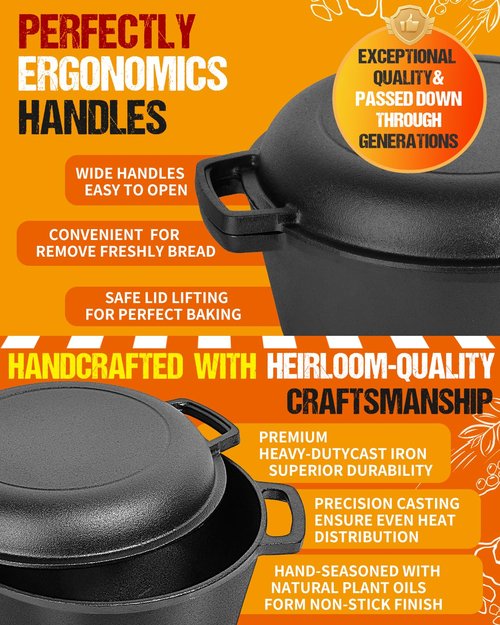 Cast Iron Dutch Oven for Sourdough Bread Baking, Pre-Seasoned 5QT Dutch Oven Pot with Lid, Include Proofing Basket, Silicone Sling & Dough Whisk
