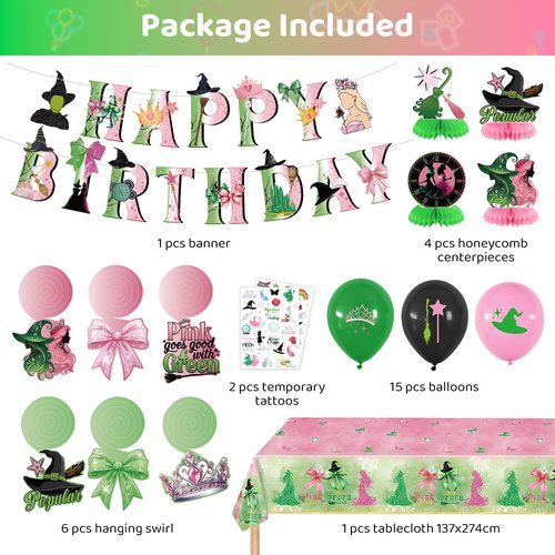 Witch Birthday Decorations Pink Green - Witch Theme Girls Happy Birthday Decorations Include Banner Hanging Swirls Temporary Tattoos Tablecloth Table Centerpieces Balloons for Wlcked Party Decor