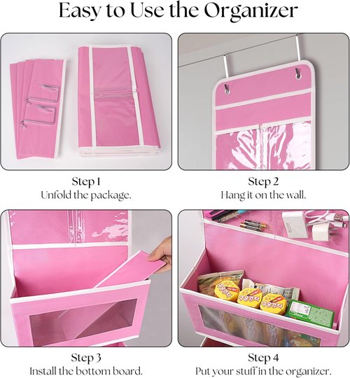 Giraffe Creation Over Door Organizer - 4 Large Capacity Pockets for Closet & Bathroom Storage | Pink