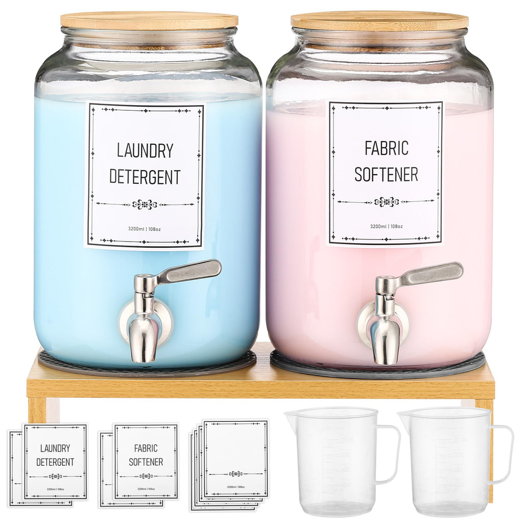 Laundry Detergent Dispenser. 0.9 Gallon Glass Laundry Soap Liquid Laundry Detergent Dispense. Fabric Softener Dispenser With Stand and Bamboo Lid. Laundry Room Organization and Storage