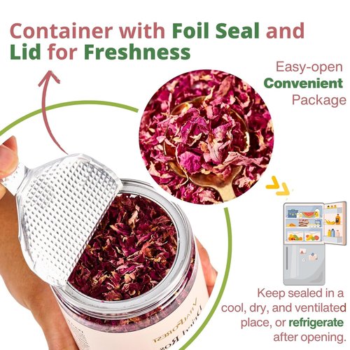 Dried Rose Petals Edible, 2.1oz (60g) Food Grade Rose Petals Tea– Culinary Roses Petals for Tea, Drinks, Baking & Cocktails, Edible Flower Petals for Cake Decorating, Desserts