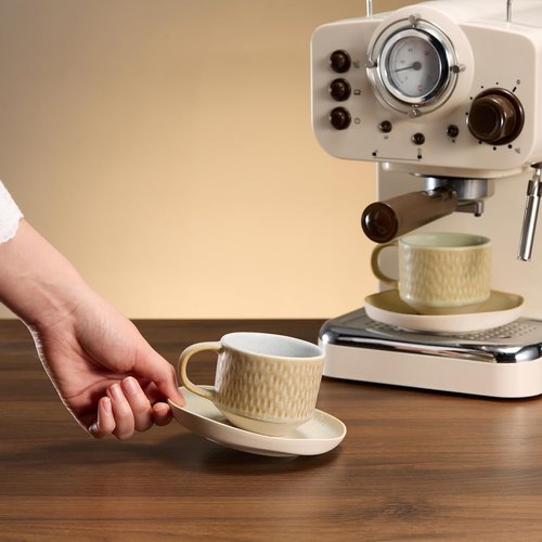 KooK Espresso Mug and Saucer Set - Rustic Ceramic Cups with Feathered Texture | Dishwasher Safe, Set of 4 (5.5 Oz)