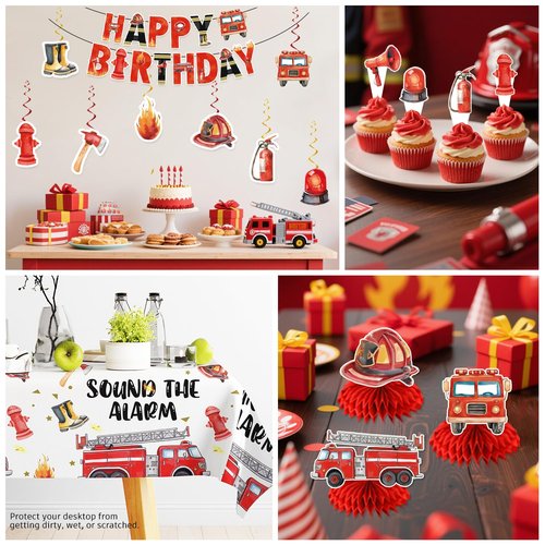 193pcs Firetruck Birthday Decorations Include Fire Truck Plates and Napkins Set, Banner, Hanging, Tablecloth, Balloon, Cupcake Topper, Centerpieces, for Firefighter Party Decorations, Serves 25