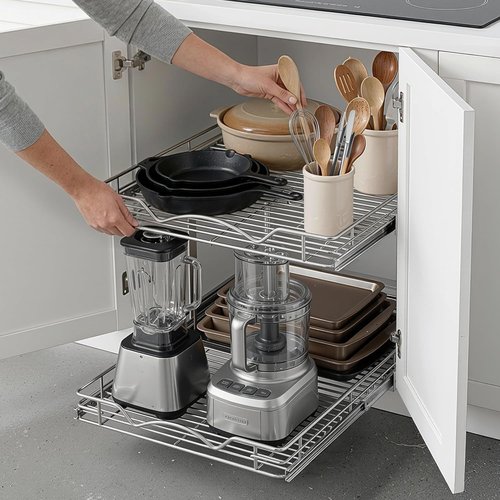 Heavy-Duty Steel 2-Tier Pull-Out Cabinet Organizer by [Brand Name] - Full-Extension Shelves, Easy Install, 14" W x 21" D x 16.5" H