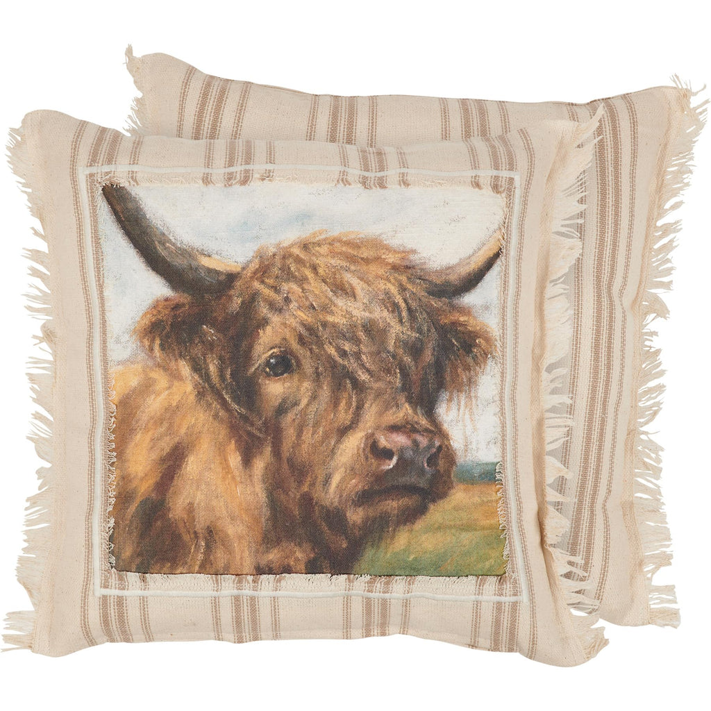 Primitives by Kathy Decorative Pillow - Highland Cow/Zipper Cover/Farmhouse Collection/Featuring a Stitched Art Panel/Frayed Border/Rustic/Homestead/Throw Pillow/Couch/Office Decor/farmlife