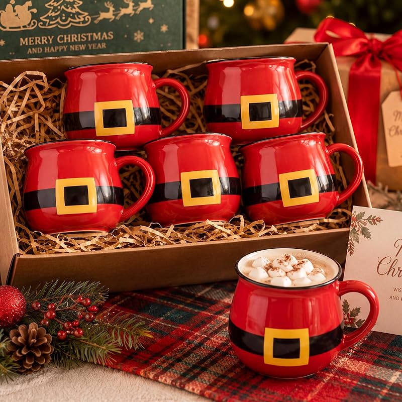 Vesici 6 Pcs Red Santa Christmas Ceramic Mugs – Bulk Coffee Cups, Santa Variation