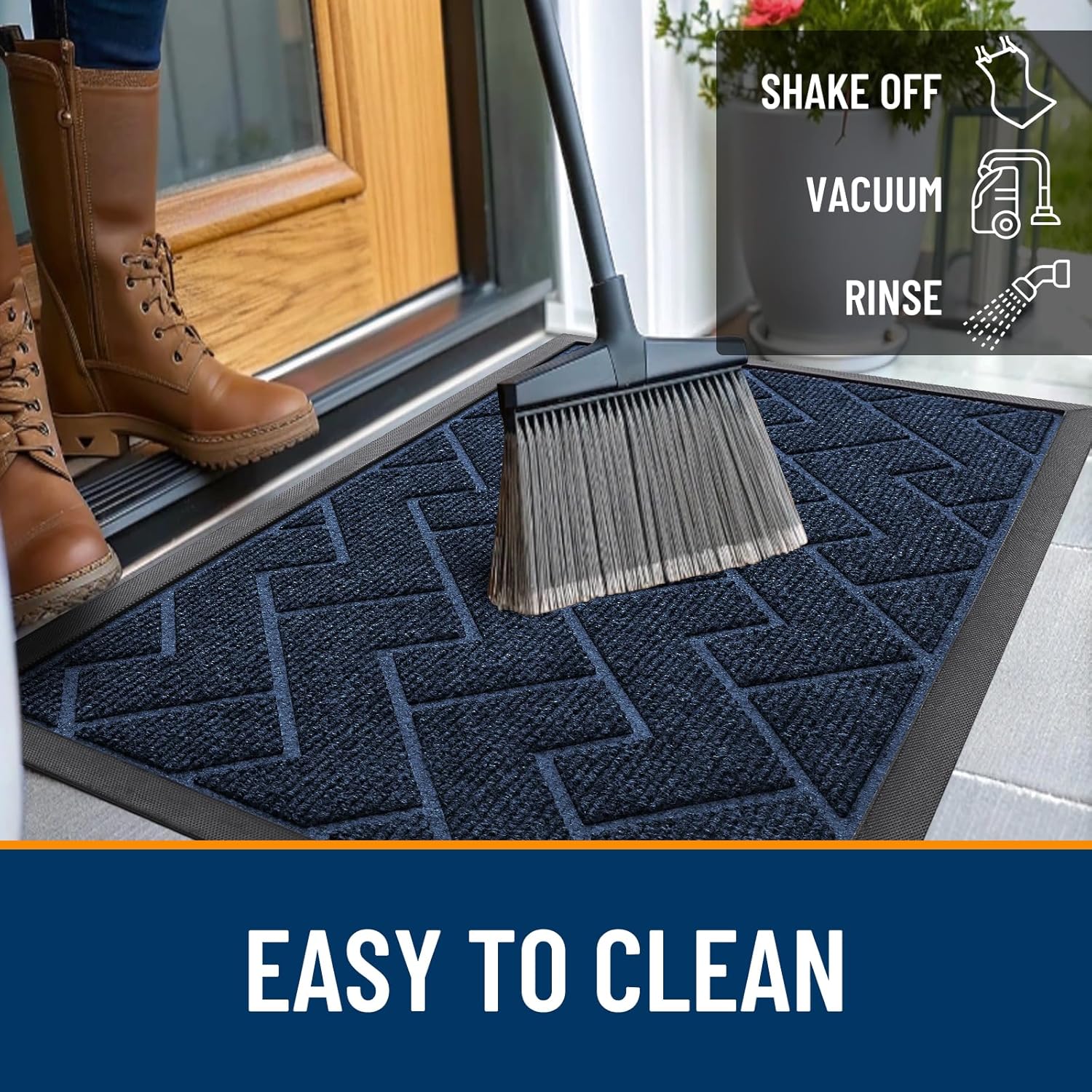 OLANLY Waterproof Front Door Mat - All-Season, Sturdy Natural Rubber, Easy Clean Herringbone Design (Blue, 47x32)