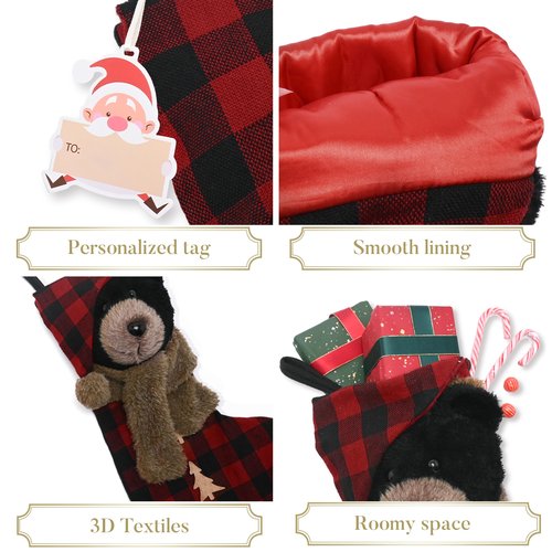 Valery Madelyn Christmas Stockings Decorations, 21 Inch Fabric Red Black Tartan Bear Cute Plush Personalized Fireplace Hanging Ornament for Holiday Xmas Party Decor