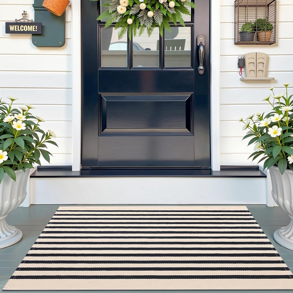 OLANLY Striped Rug - Washable Beige and Black Cotton Doormat | 2'4" x 3'7" for Indoor/Outdoor Use