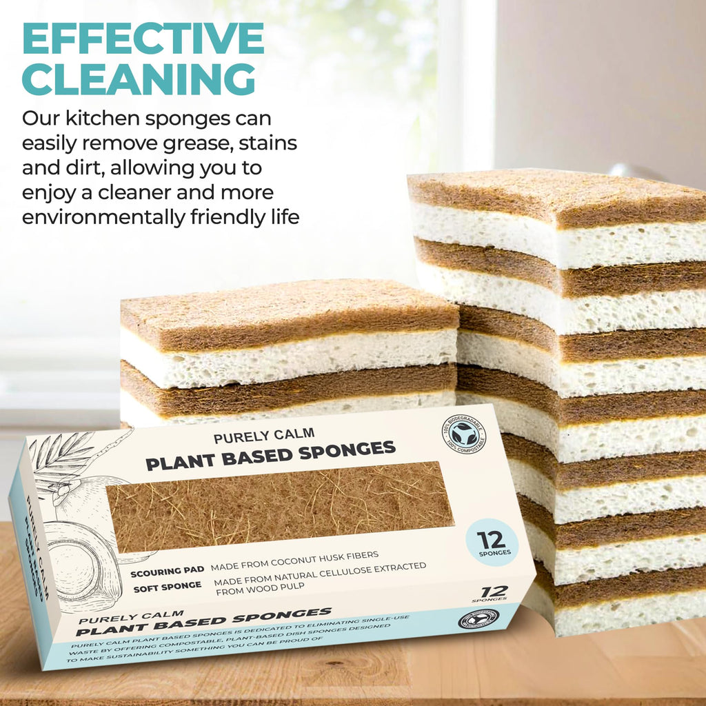 Purely Calm Plant Based Natural Sponge - Pack of 12 Cellulose Sponges, Safe on Non-Stick Cookware, Dual Sided Dish Sponge for Washing Dishes, Kitchen and Household