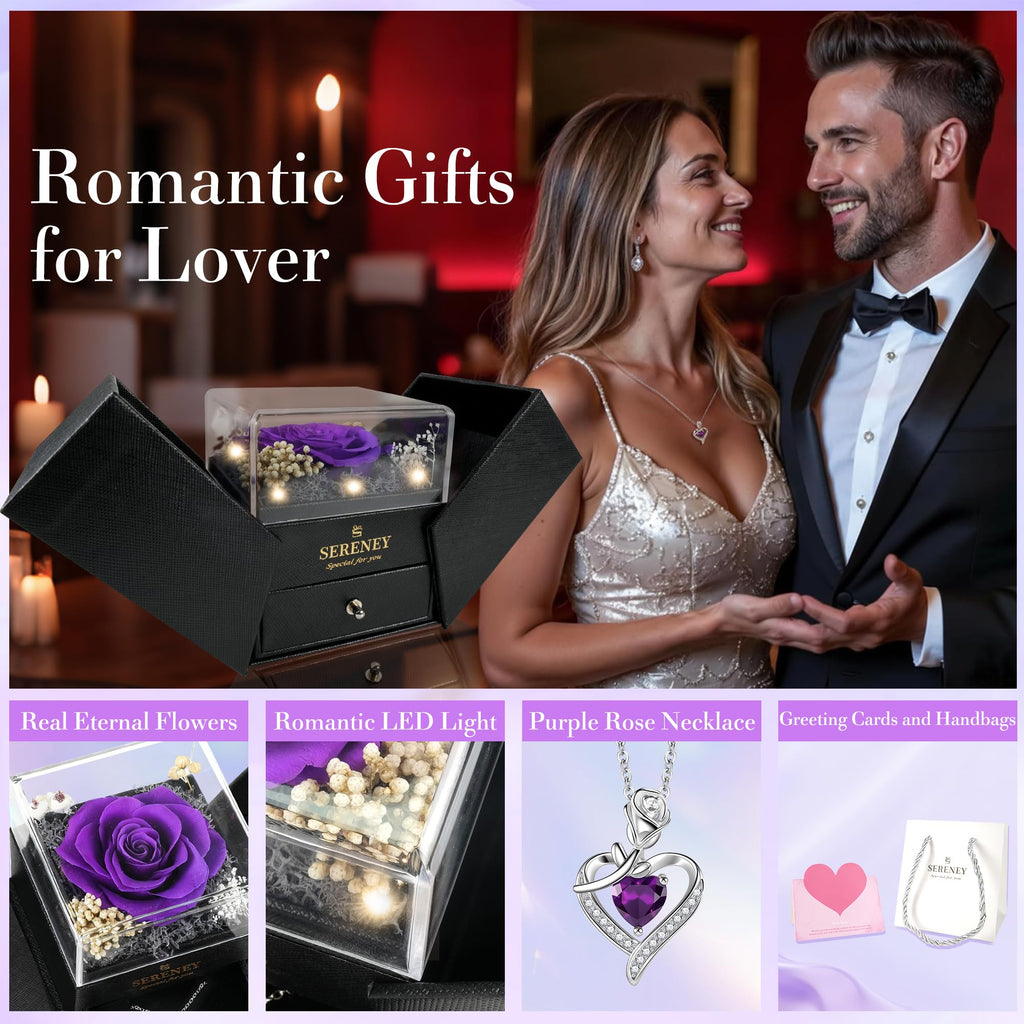 Sereney Preserved Purple Flower Rose with Necklace, Forever Flowers Eternal Rose with Purple Heart Jewelry Mothers Day Gifts for Women Mom Wife Grandma Friend as Christmas Birthday Gifts