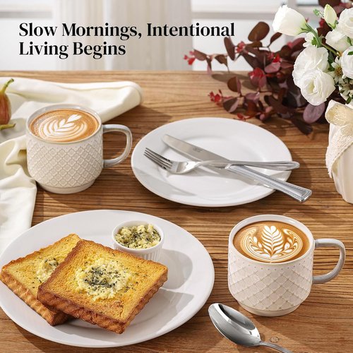 DOWAN 12oz Ceramic Coffee Mugs Set of 4 - Stackable, Microwave Safe with Large Handle for Home & Office