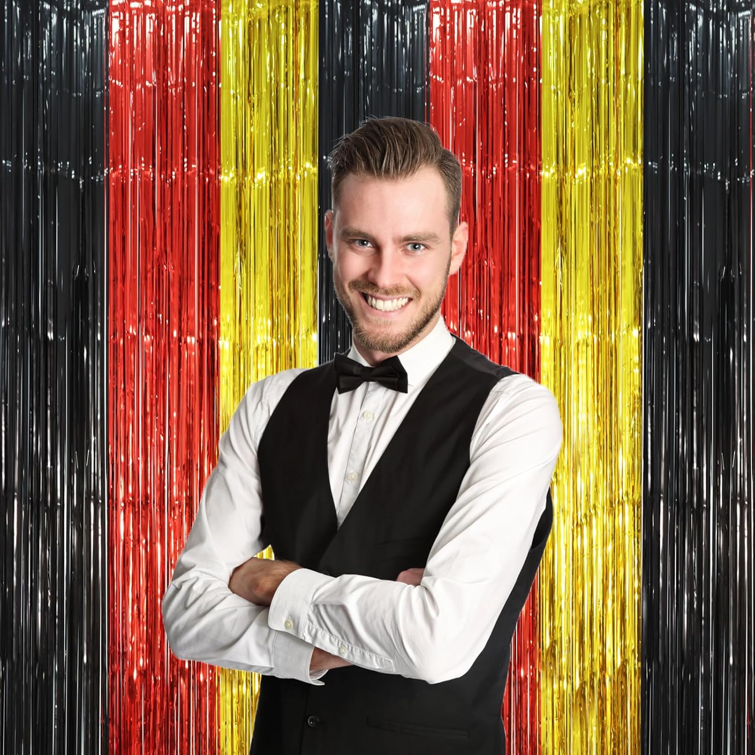Voircoloria Red Black Gold Foil Fringe Backdrop Curtains - 3 Pack Tinsel Streamers for Parties | 3.3 x 8.2 ft