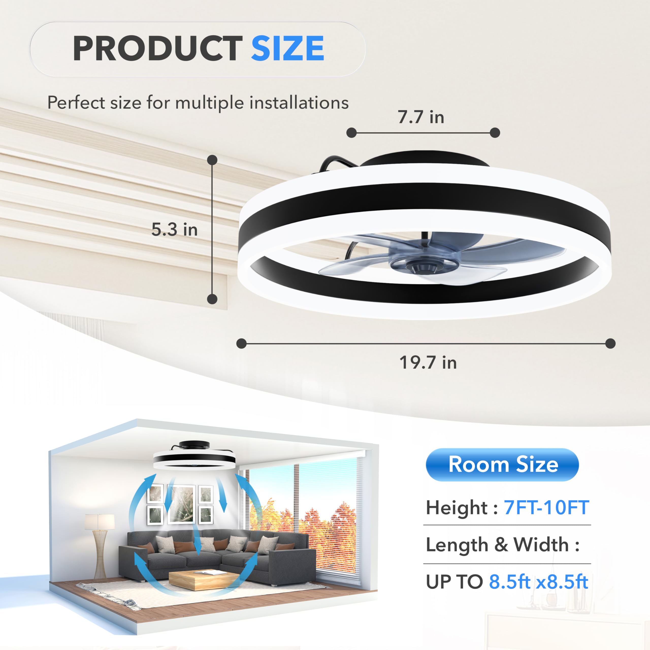 Simple Deluxe Ceiling Fan with Light 20in Low Profile Ceiling Fans with Lights and Remote Dimmable with 6 Wind Speeds Flush Mount Fandelier LED Fan Light Modern Smart for Bedroom, Black