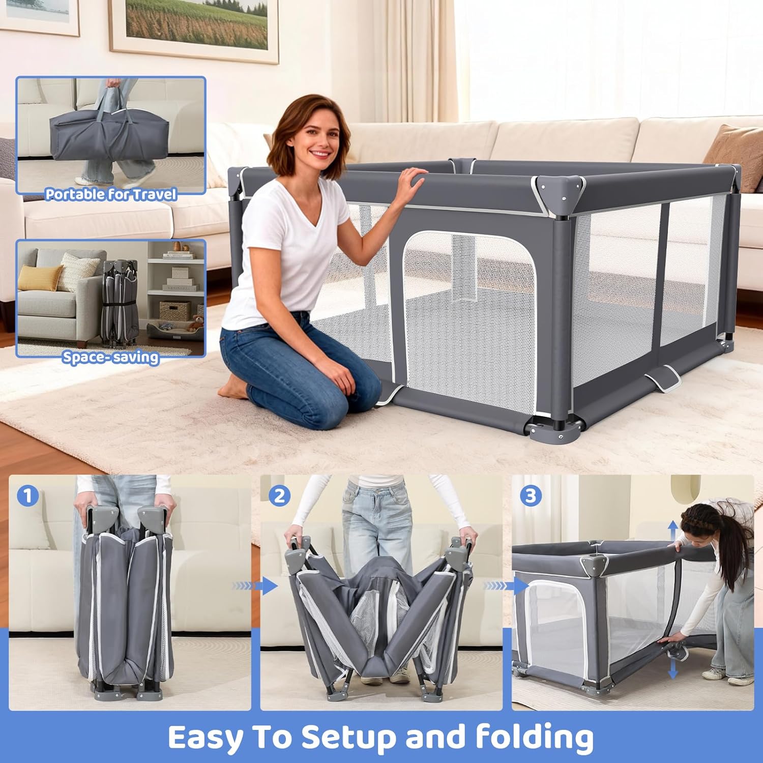 Skiennix Foldable Baby Playpen - 50"x50" Portable Safety Play Yard for Indoor & Outdoor Use - Dark Gray