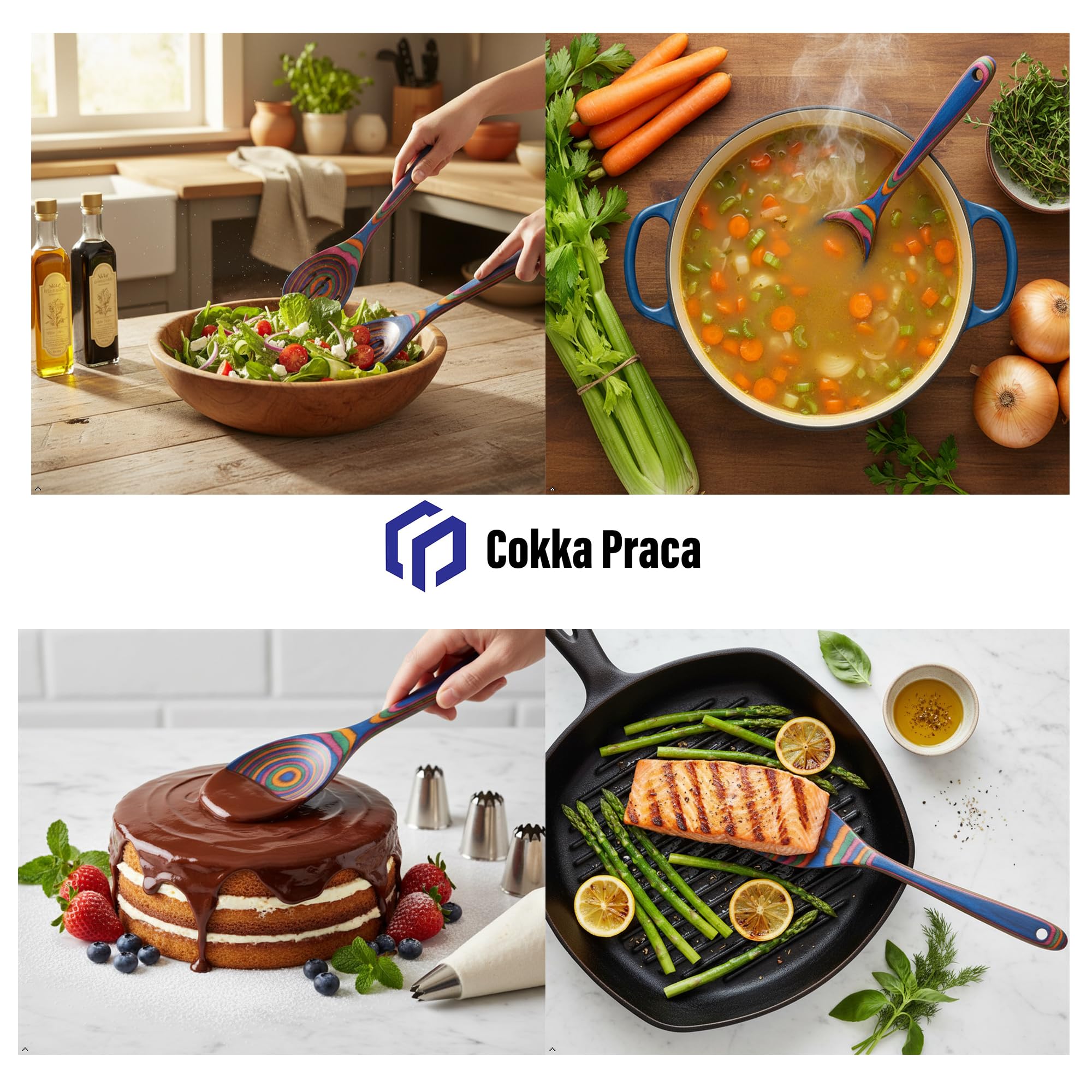 Cokka Praca 6-Piece Pakkawood Kitchen Utensils | Heat Resistant Wood Kitchen Utensils | Pakkawood Kitchen Cooking Utensil Set | Wooden Spoons for Cooking | Non-Sitck Cooking Spoons | Sapphire