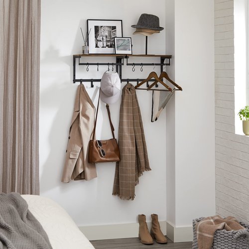 VASAGLE Laundry Room Shelf Wall Mounted, Coat Rack Shelf, with 8 Removable Hooks, for Entryway, Living Room, Kitchen, Bedroom, 15.7 x 9.4 x 9.4 Inches, Rustic Brown and Black ULCR103B01