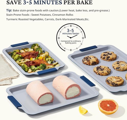 BRONYPRO Non-Stick Ceramic Baking Sheet Set - Natural, PFOA & PTFE Free, Heavy Duty, Navy | Set of 3