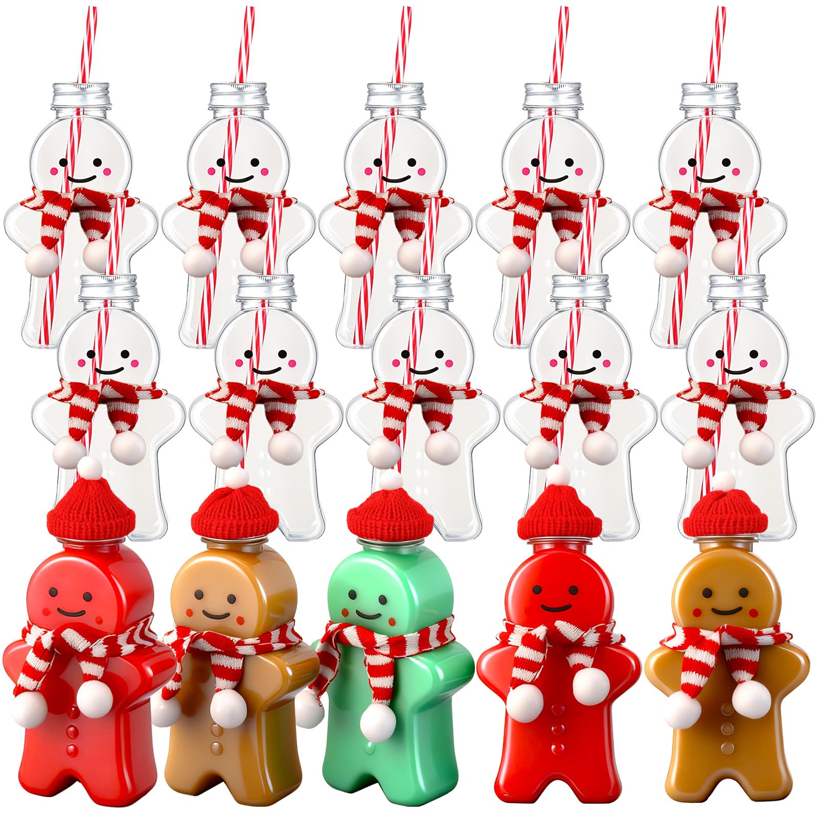 Baderke Christmas Plastic Bottles with Straws Set Including Reusable Drink Empty Bottles Straws and Caps for Christmas Party Milk Juicing Drinking
