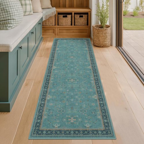 Hazo Haus Boho Kitchen Rug Runner - Teal Non-Slip Design | Washable Floral Decor 2x6 ft