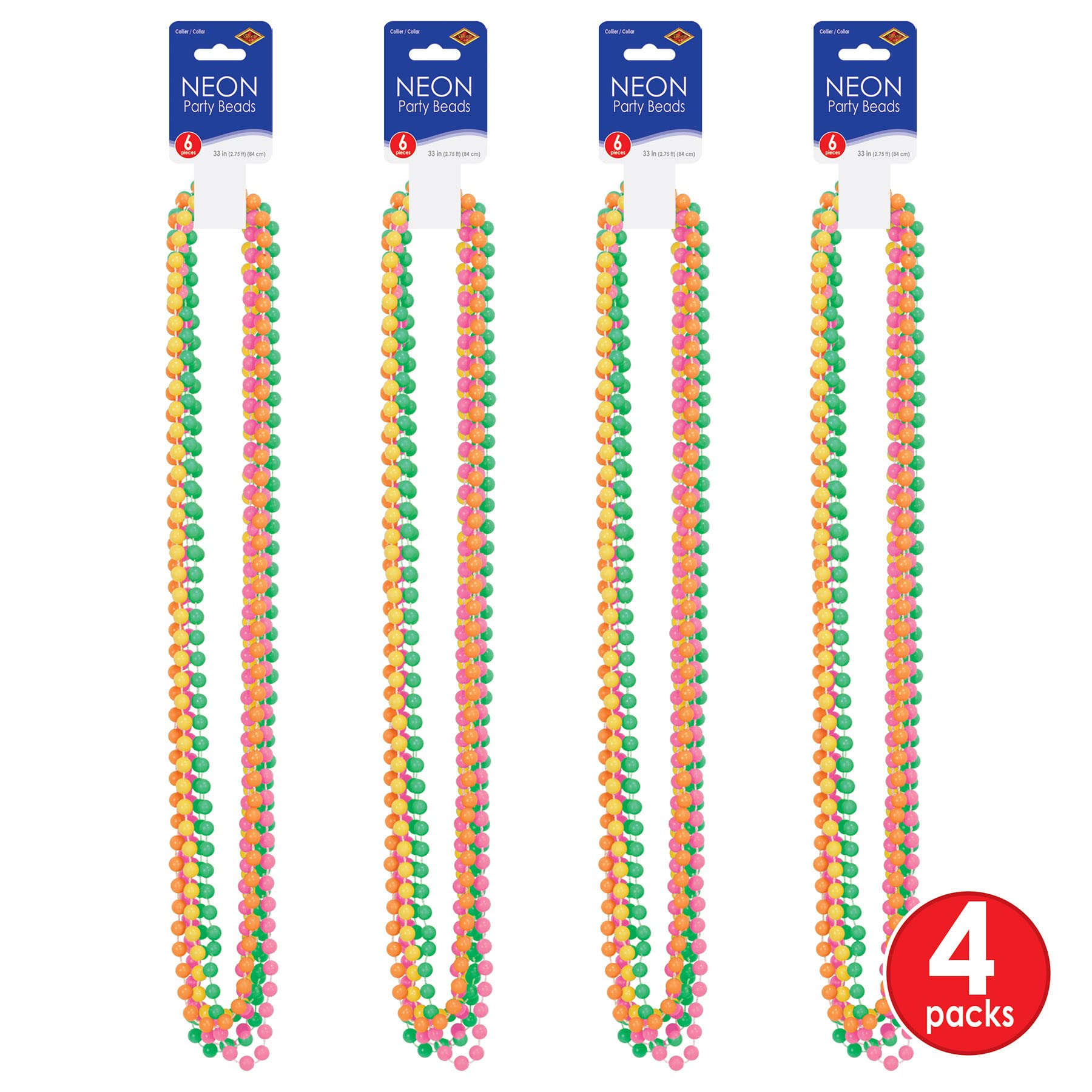 Beistle Neon Party Beads – 24 Pack Bright Round Ball Necklaces in Assorted Yellow, Green, Pink & Orange for Discos, Glow Parties, Mardi Gras, 70s, 80s and 90s Decade Theme, Festivals and Parades, 33"