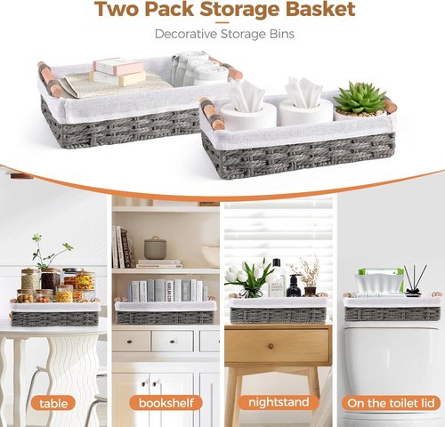 HomeHacks Storage Baskets - 2 Pack Decorative Paper Rope Bins with Handles for Organizing - Grey