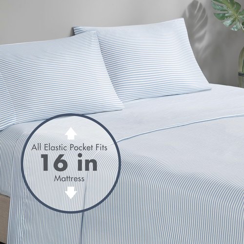 Madison Park Essentials Jaxon Bed in a Bag Comforter Set with Sheet, Printed Stripe Design, Modern All Season Bedding and Matching Sham, Queen Blue/Grey 7 Piece