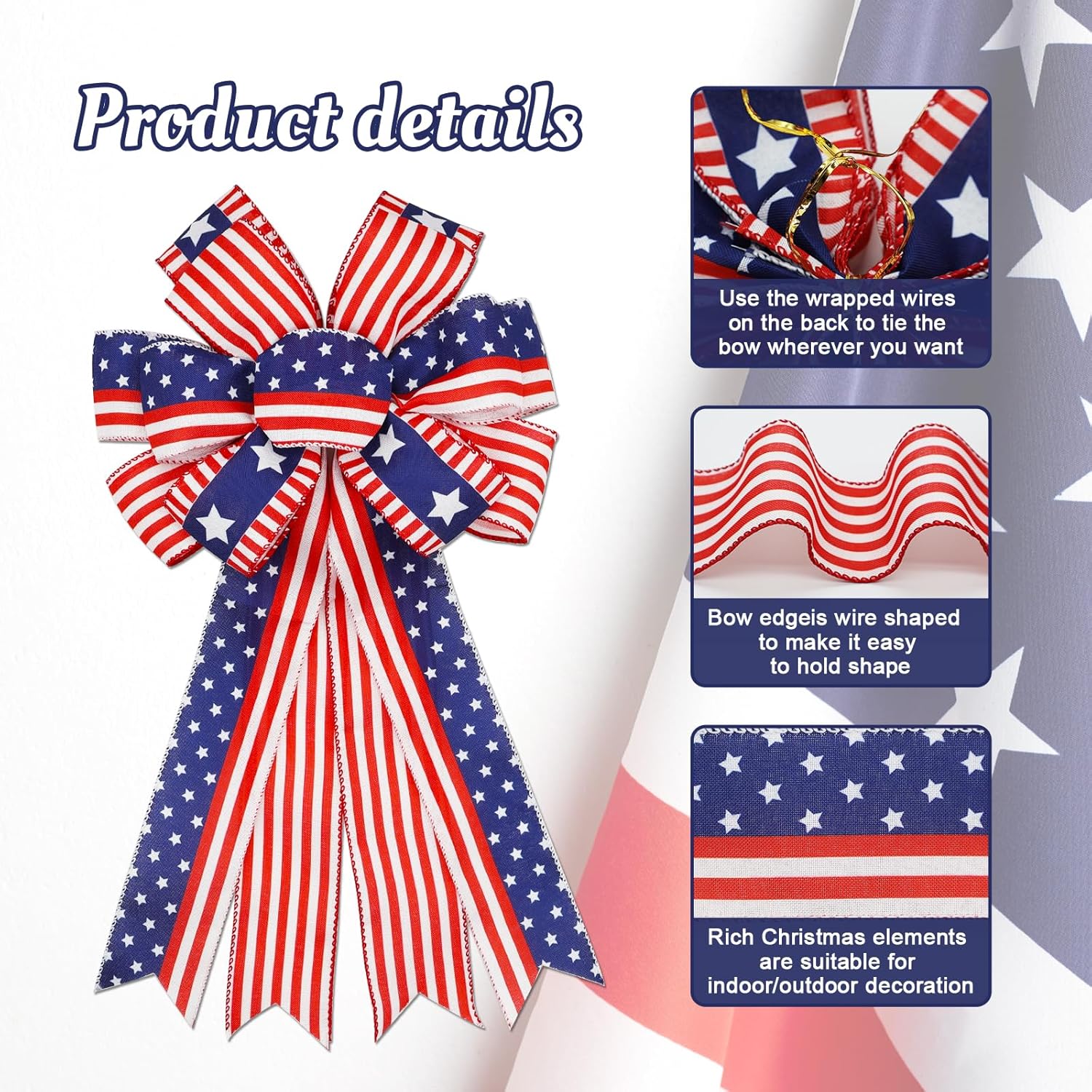 Skiennix Large Patriotic 4th of July Bows - Pre-Tied Wired Ribbon for Wreaths | 20x11 Inch, 2 Pack, Red