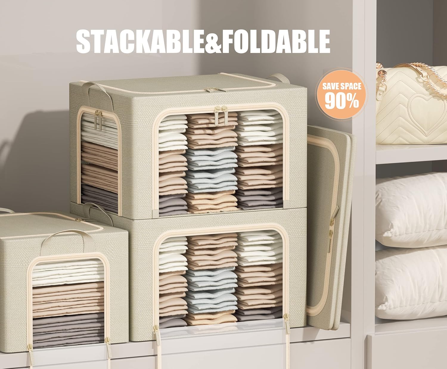 Skiennix Large Clothes Storage Bins - Foldable with Lid & Clear Window | 3-Pack, Beige, 66L