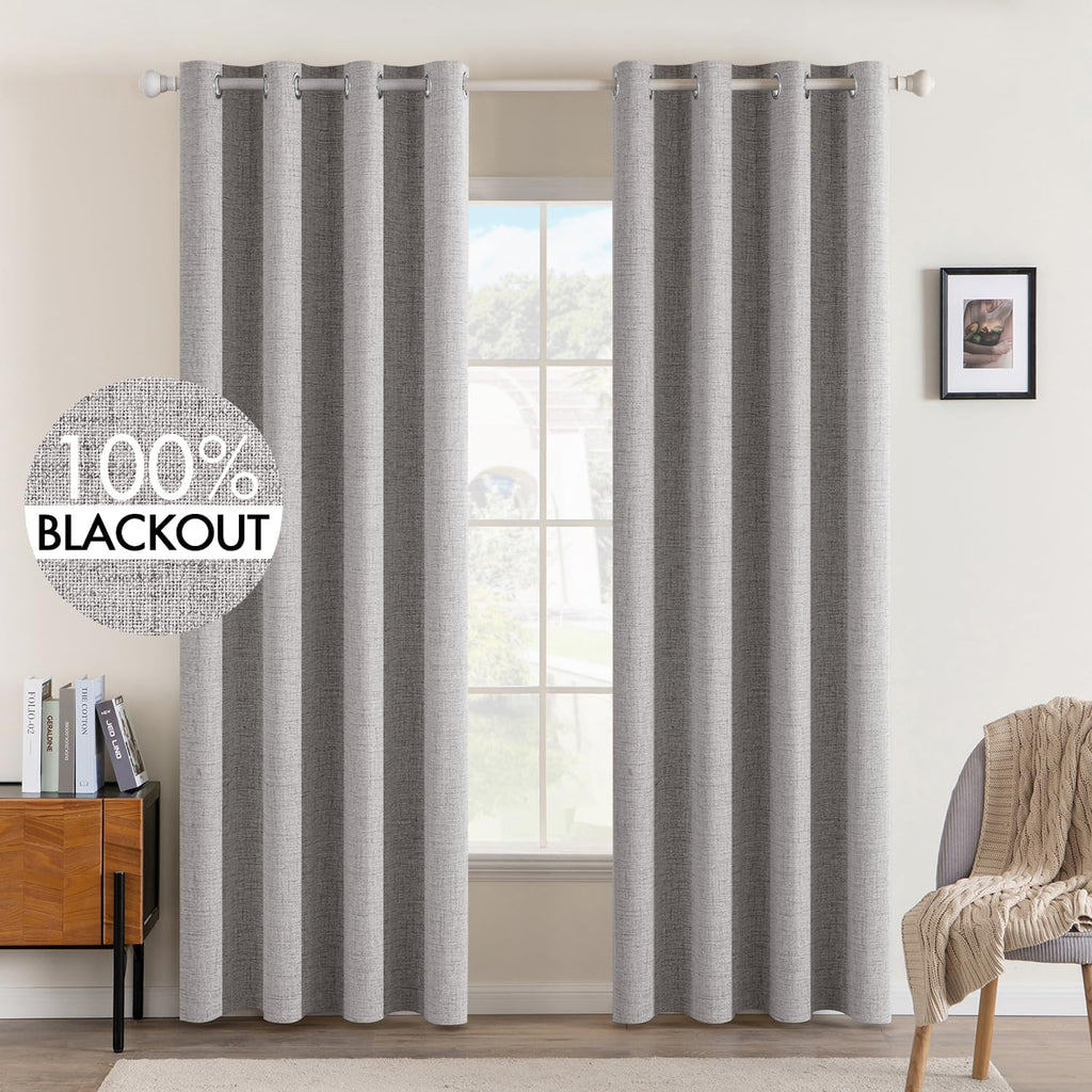 MIULEE Linen Texture Curtains - 100% Blackout Thermal Insulated Drapes | Light Gray, 52x90 Inches (2 Panels)