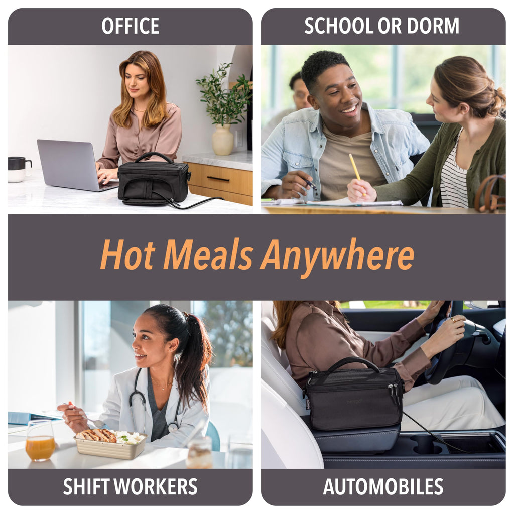 Bentgo Heat - Electric Lunch Bag & Food Warmer for Reheating Meals in Car, at Work & More - Heated Lunch Box Warmer for Adults, Students & Shift Workers, 12V/24V Auto & 120V Wall Cords (Carbon Black)