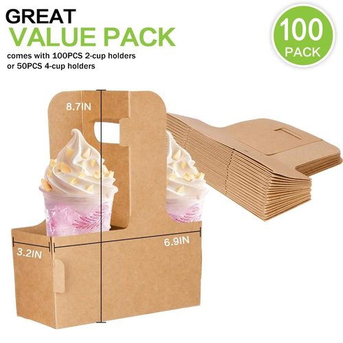 Kaderron 100 Pack Kraft Drink Carrier with Handles - 2 Cups or 4 Cups Assemblable Disposable Paperboard Drink Holders Great for All Your Drink and Food Delivery(2 Cup-100 Pack)