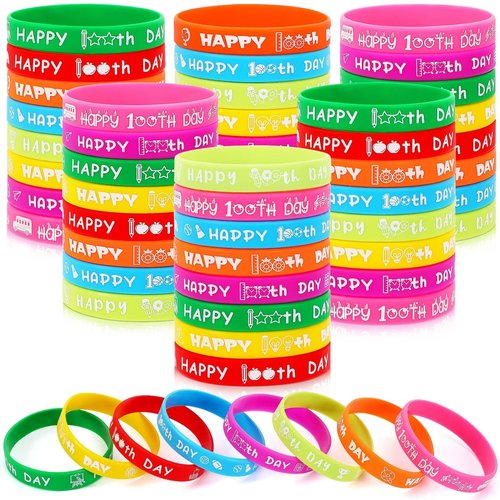 JUNEBRUSHS 64pcs 100th Day of School Party Favors Silicone Bracelets Rubber Wristbands for 100 Days of School Party Decorations Students Preschool Party Favors Supplies