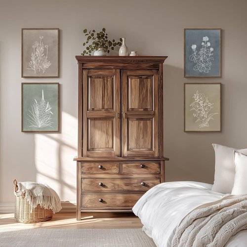 Framed Boho Botanical Wall Art - 4 Piece Rustic Floral Canvas Prints for Modern Farmhouse Decor