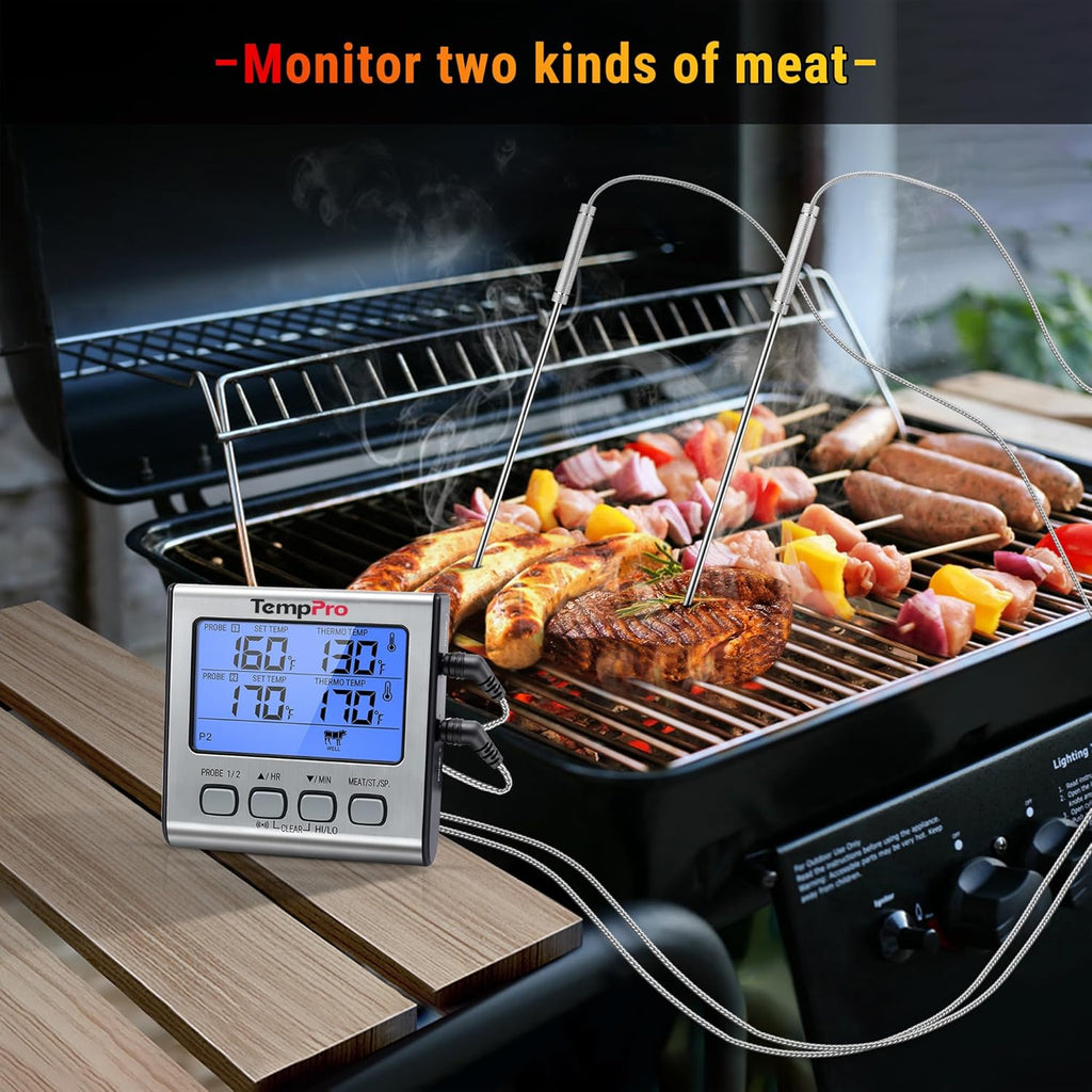 TempPro TP17 Dual Probe Digital Meat Thermometer - Large LCD Backlight & Timer for BBQ, Smoker, Oven - Silver