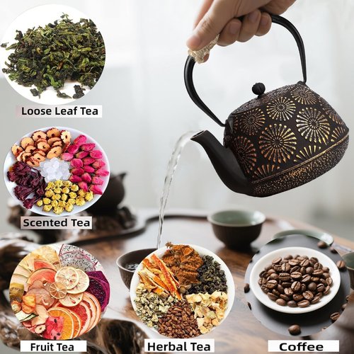 Japanese Tetsubin Cast Iron Teapot, 40oz (1200ml) Enamel-Coated Stovetop Kettle with Stainless Steel Infuser & Heat-Resistant Handle, Traditional Iron Pot for Tea Ceremony (Black Gold)