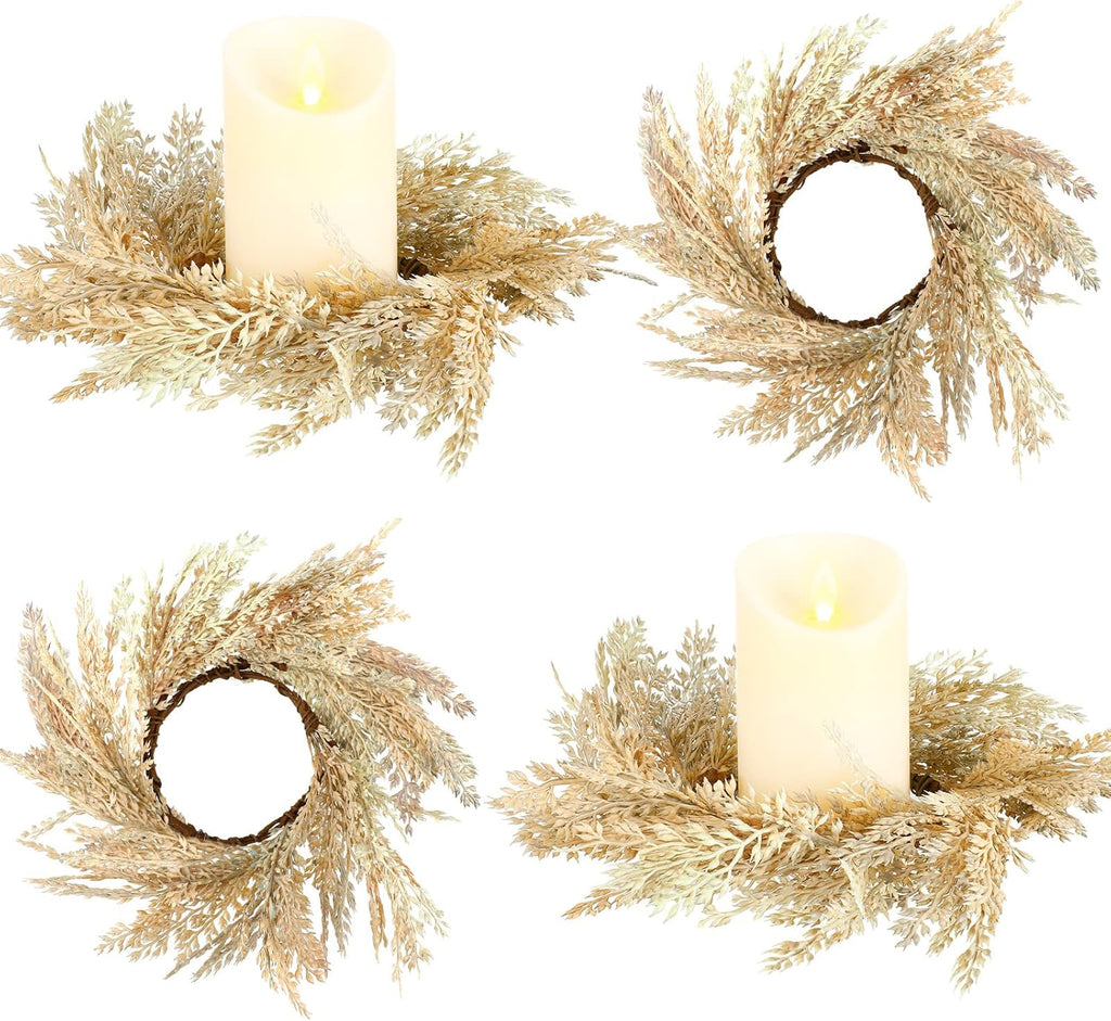 Panelee Pampas Grass Candle Rings - 4 Pcs Faux Greenery Wreaths for Boho Home Decor | 3.9 Inch Size