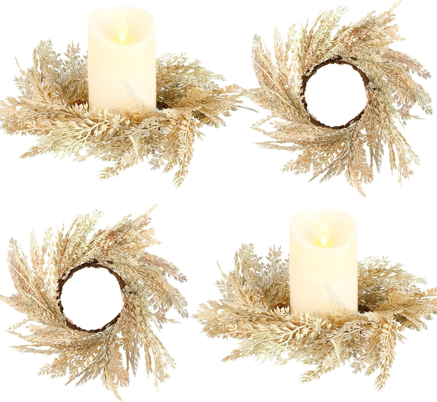 Panelee Pampas Grass Candle Rings - 4 Pcs Faux Greenery Wreaths for Boho Home Decor | 3.9 Inch Size