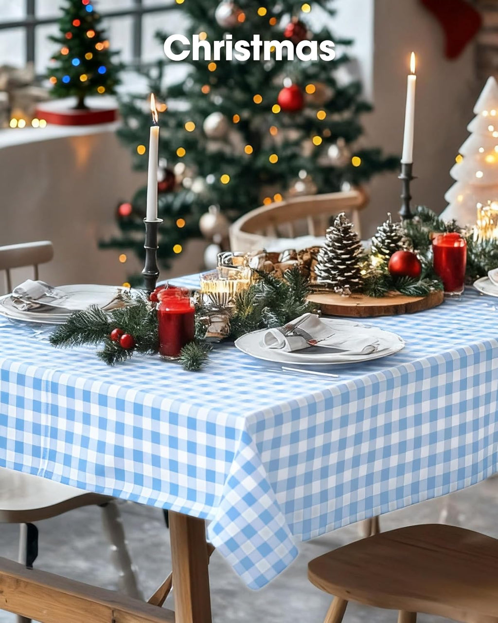 Pureegg Disposable Table Cloths - 8 Pack, 54 x 108 Inch, Leakproof Blue & White Gingham for Parties & Picnics
