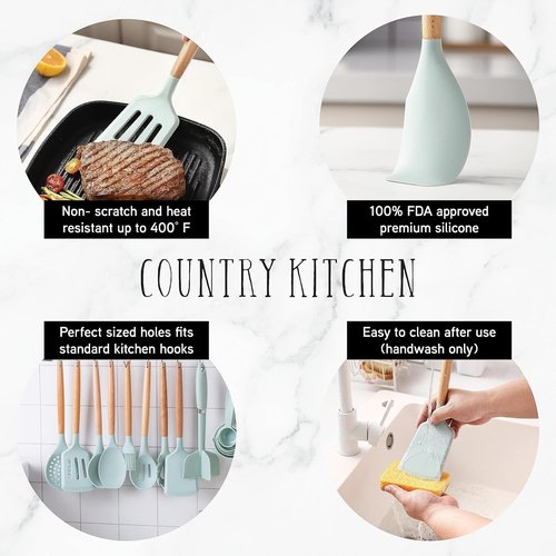 Country Kitchen Non-Stick Silicone Utensil Set - 38-Piece Cooking & Baking Tools in Mint