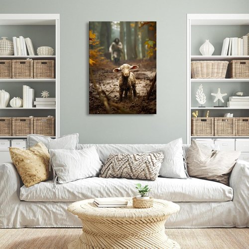 Jesus Wall Art | Large 24”x36” Canvas Print of Jesus Running After Lost Lamb - Perfect Home Decor & Baptism Gift